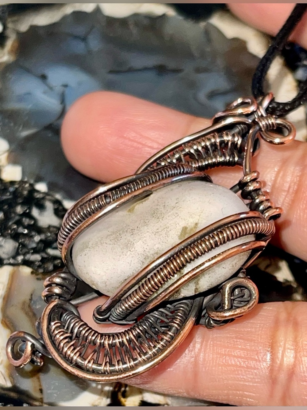 Green Mocha Stone Handcrafted Copper Wire-wrapped Agate Pendant 2 1/4”